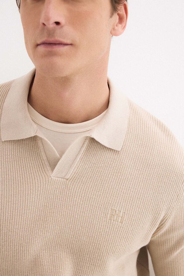 Pedro del Hierro Cotton ribbed long sleeve polo jumper Beige