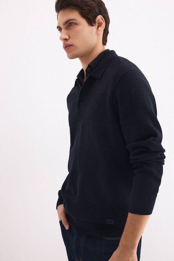 Pedro del Hierro Cotton long sleeve textured polo jumper Blue