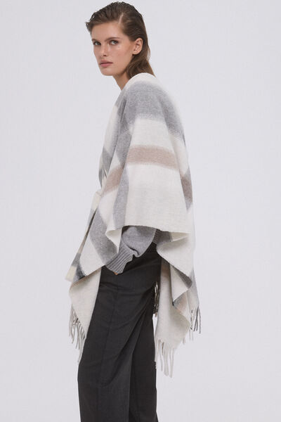 Pedro del Hierro Checkered poncho with fringes and belt Grey