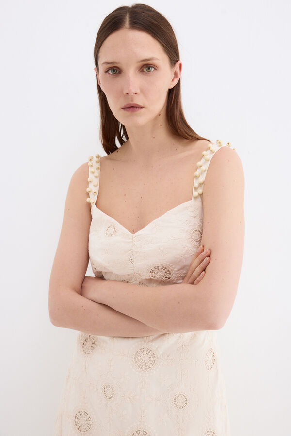 Pedro del Hierro Embroidered cotton long dress Ecru