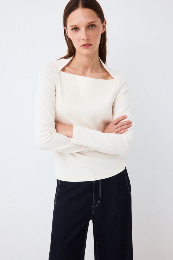 Pedro del Hierro Long sleeve square neck T-shirt Ecru