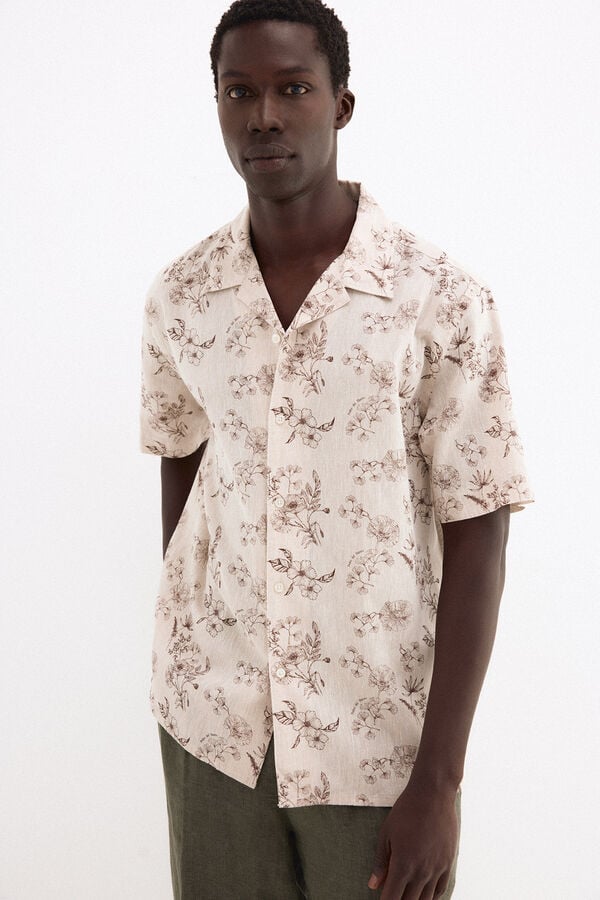 Pedro del Hierro Printed short sleeve linen cotton shirt Beige