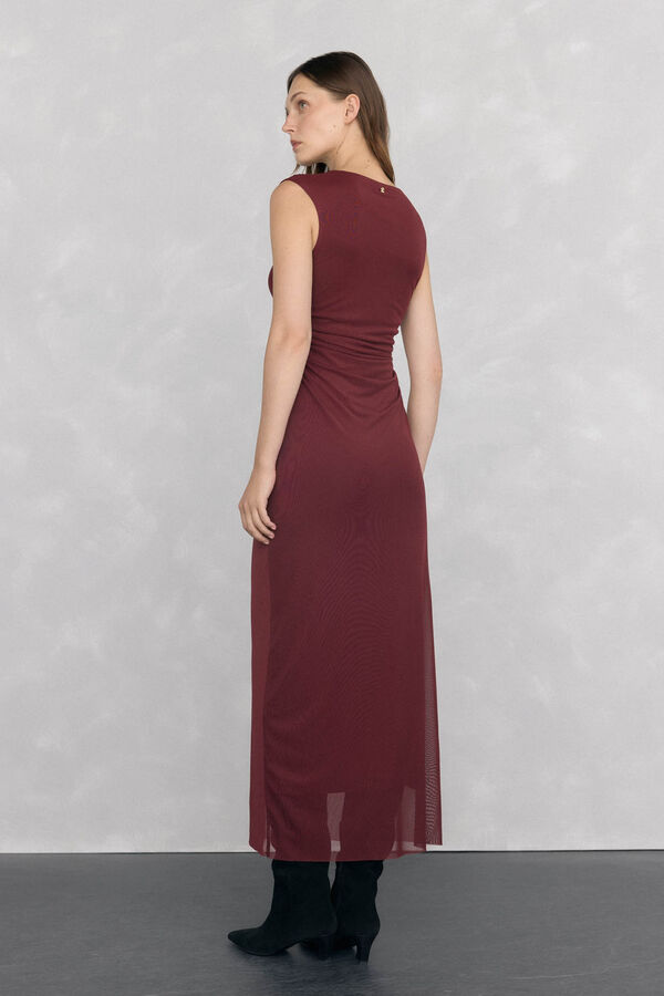 Pedro del Hierro Straight midi dress with tulle ruffles Burgundy