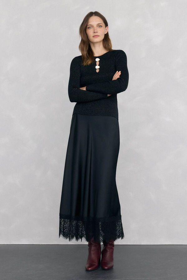 Pedro del Hierro Long satin skirt with lace detail Black