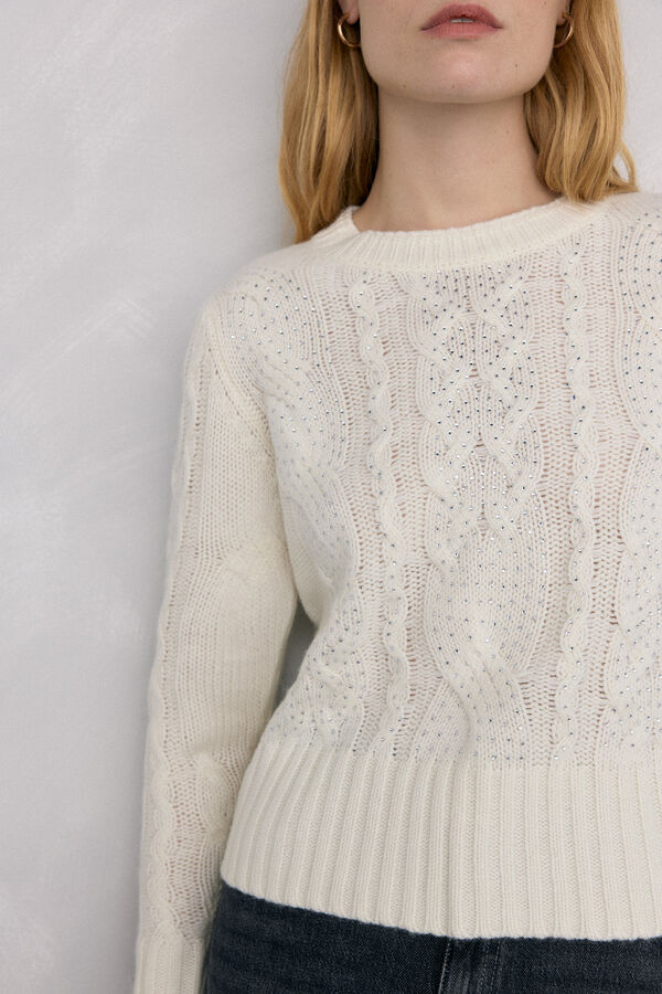 Pedro del Hierro Shiny studded cross-knit knit sweater Ecru