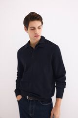 Pedro del Hierro Cotton long sleeve textured polo jumper Blue