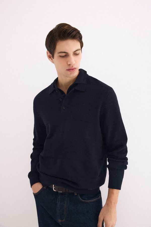 Pedro del Hierro Cotton long sleeve textured polo jumper Blue
