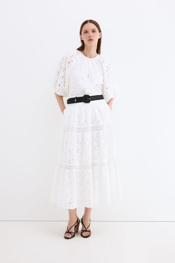 Pedro del Hierro Embroidered cotton long skirt White