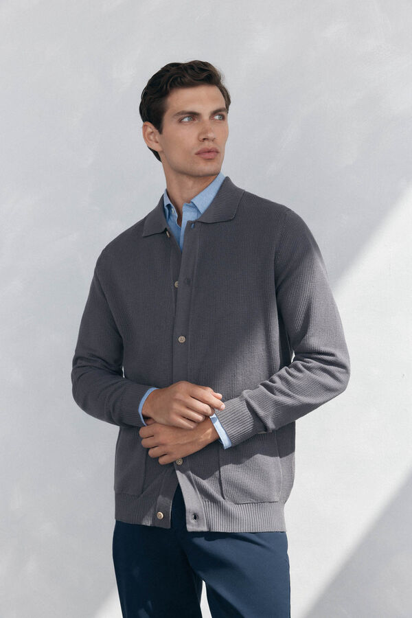 Pedro del Hierro Cotton jersey-knit cardigan polo shirt neck buttons Grey