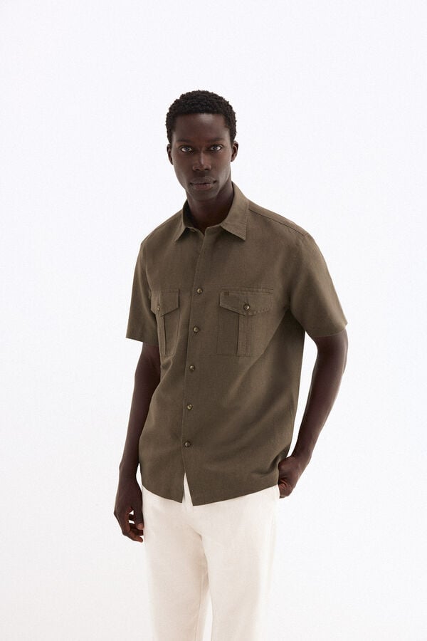 Pedro del Hierro Linen short sleeve pocket shirt Green