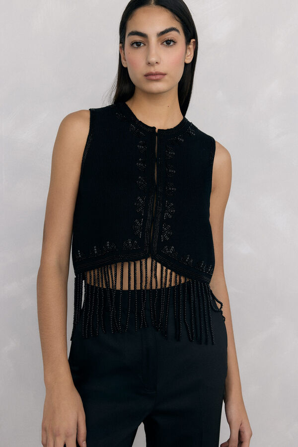 Pedro del Hierro Jersey-knit vest with embroidered fringes Black