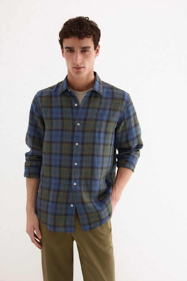 Pedro del Hierro Linen plaid shirt Blue