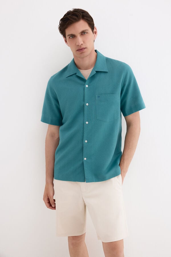 Pedro del Hierro Linen cotton short sleeve shirt Turquoise