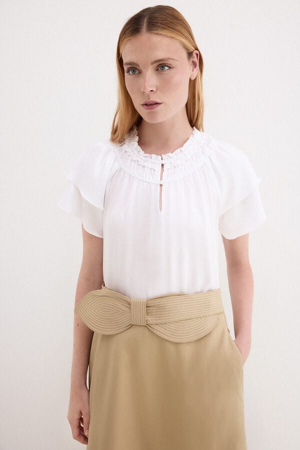 Pedro del Hierro Plain satin-finish ruffle sleeve blouse Ecru