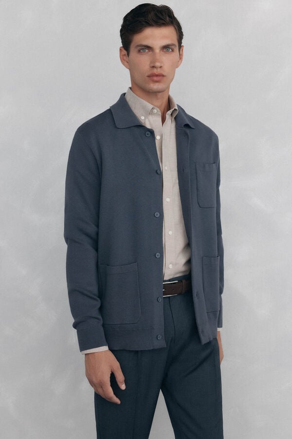 Pedro del Hierro Cotton jersey-knit cardigan polo shirt neck buttons Grey