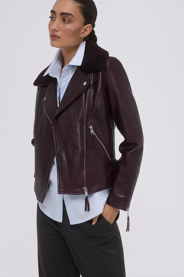 Pedro del Hierro Plum Perfecto Jacket with Fur Collars Burgundy