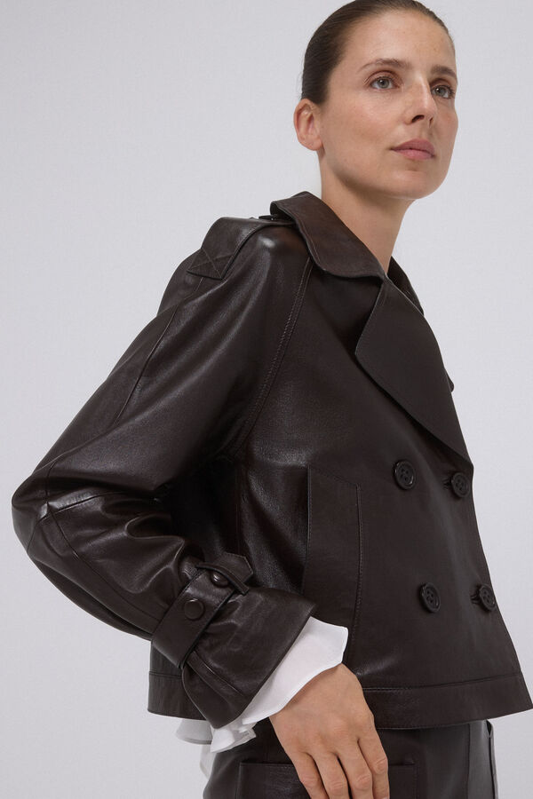 Pedro del Hierro Short leather trench coat Brown