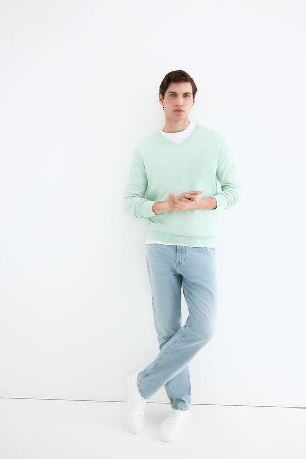 Pedro del Hierro Linen fine V-neck jumper Green