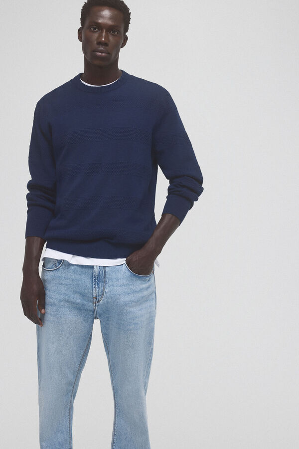 Pedro del Hierro Fine jersey-knit cotton sweater with horizontal structure Blue