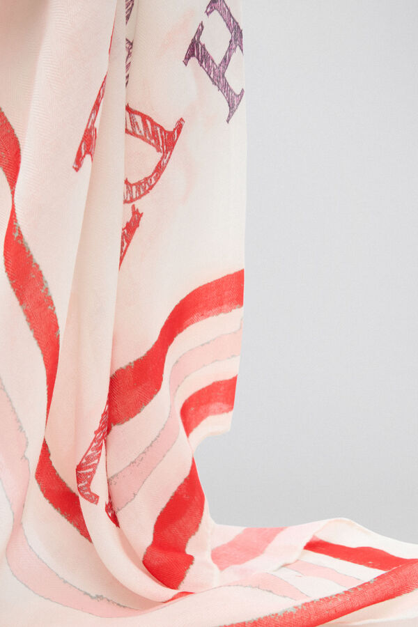 Pedro del Hierro Shawl with multi-logo prints and ecru and pink striped border Several