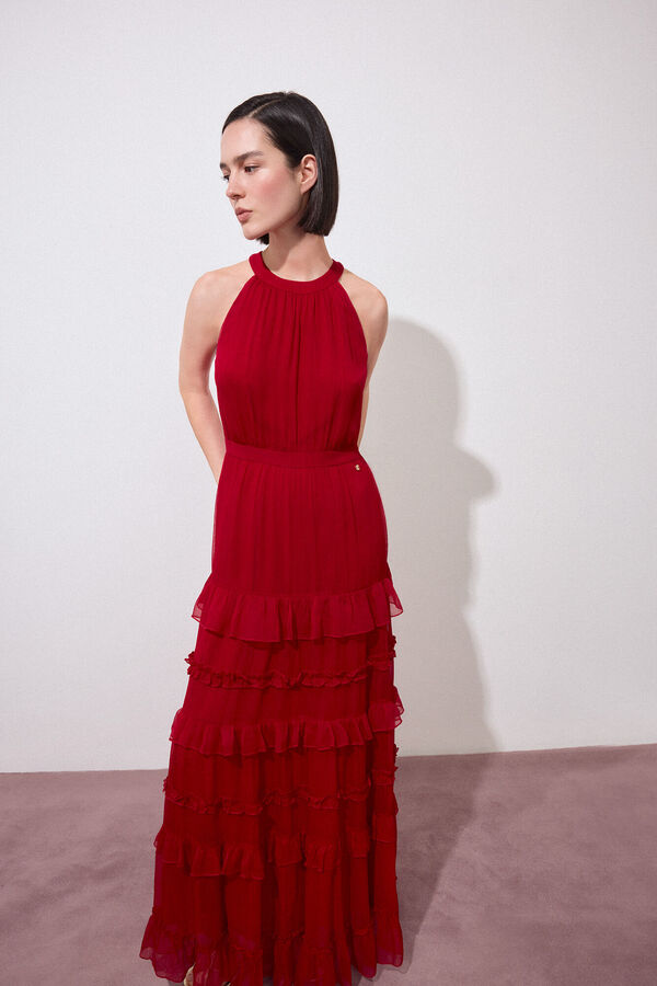 Pedro del Hierro Vestido largo halter volantes Rojo