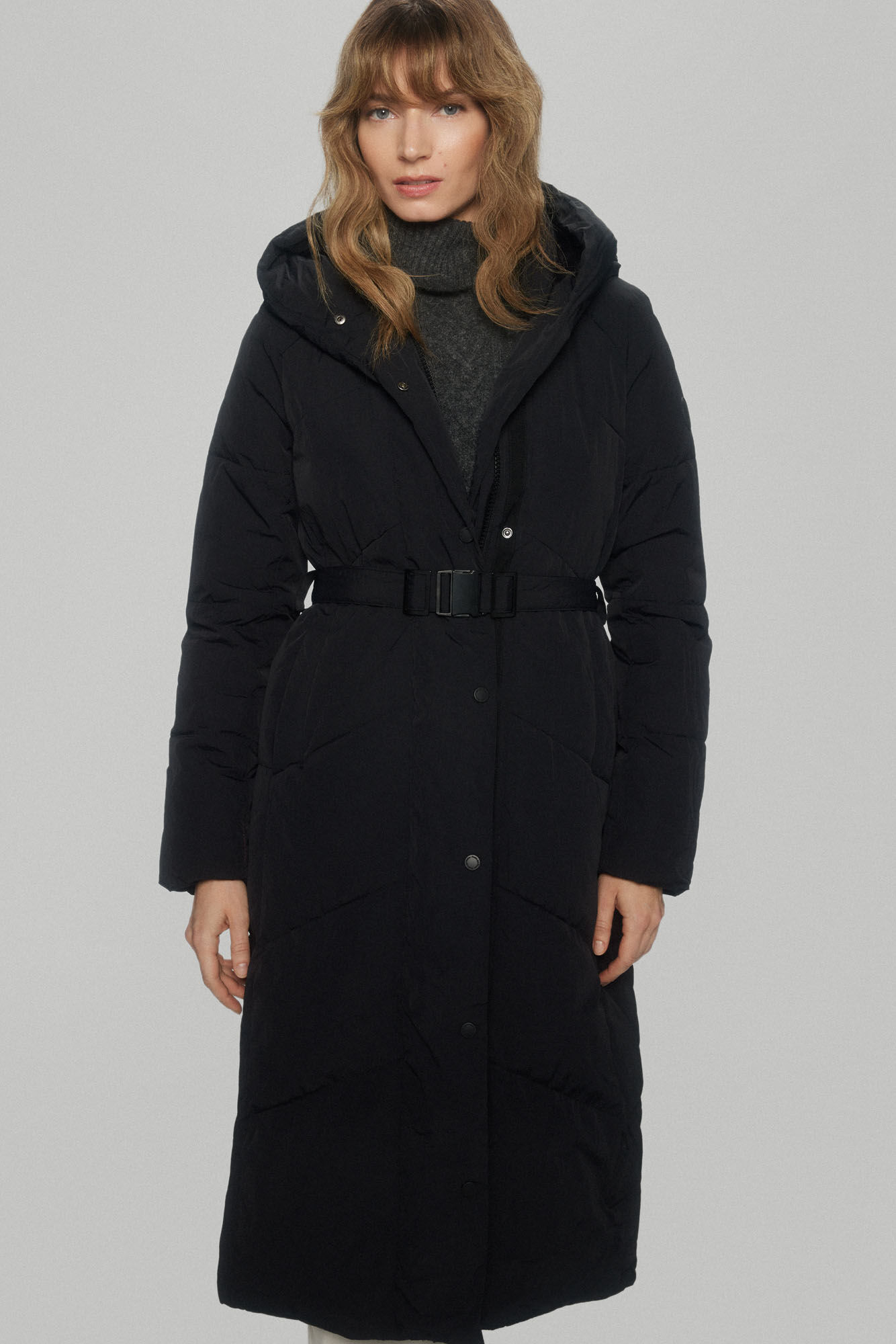 Long hooded belted maxi parka