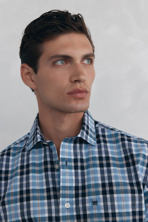 Pedro del Hierro Camisa cuadros tejido flamé Azul