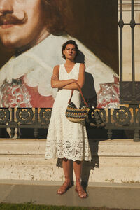 Pedro del Hierro Midi dress with crochet straps, V-neck and A-line skirt Ecru