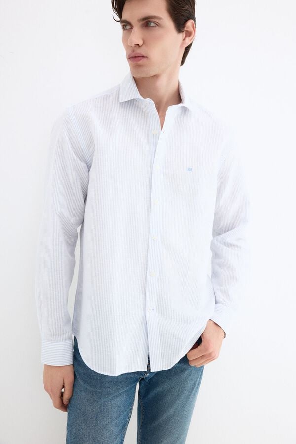 Pedro del Hierro Linen striped easy-iron dress shirt Blue