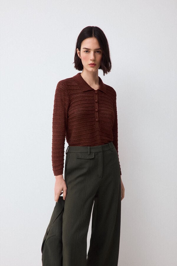 Pedro del Hierro Lurex openwork polo neck jumper Brown
