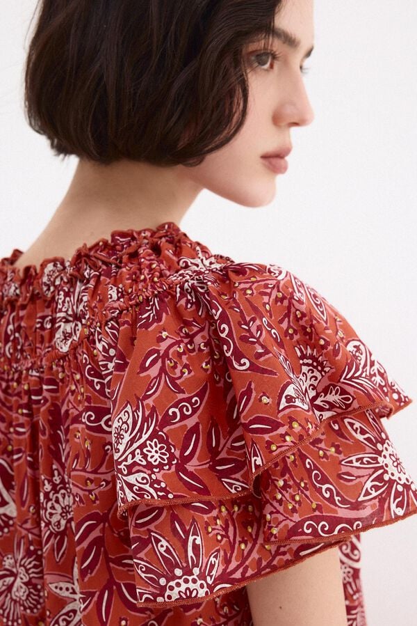 Pedro del Hierro Blusa estampada manga com folho Beige