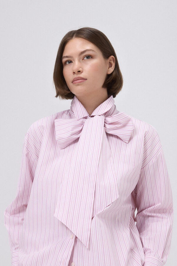 Pedro del Hierro Striped poplin shirt with bow or tie Pink