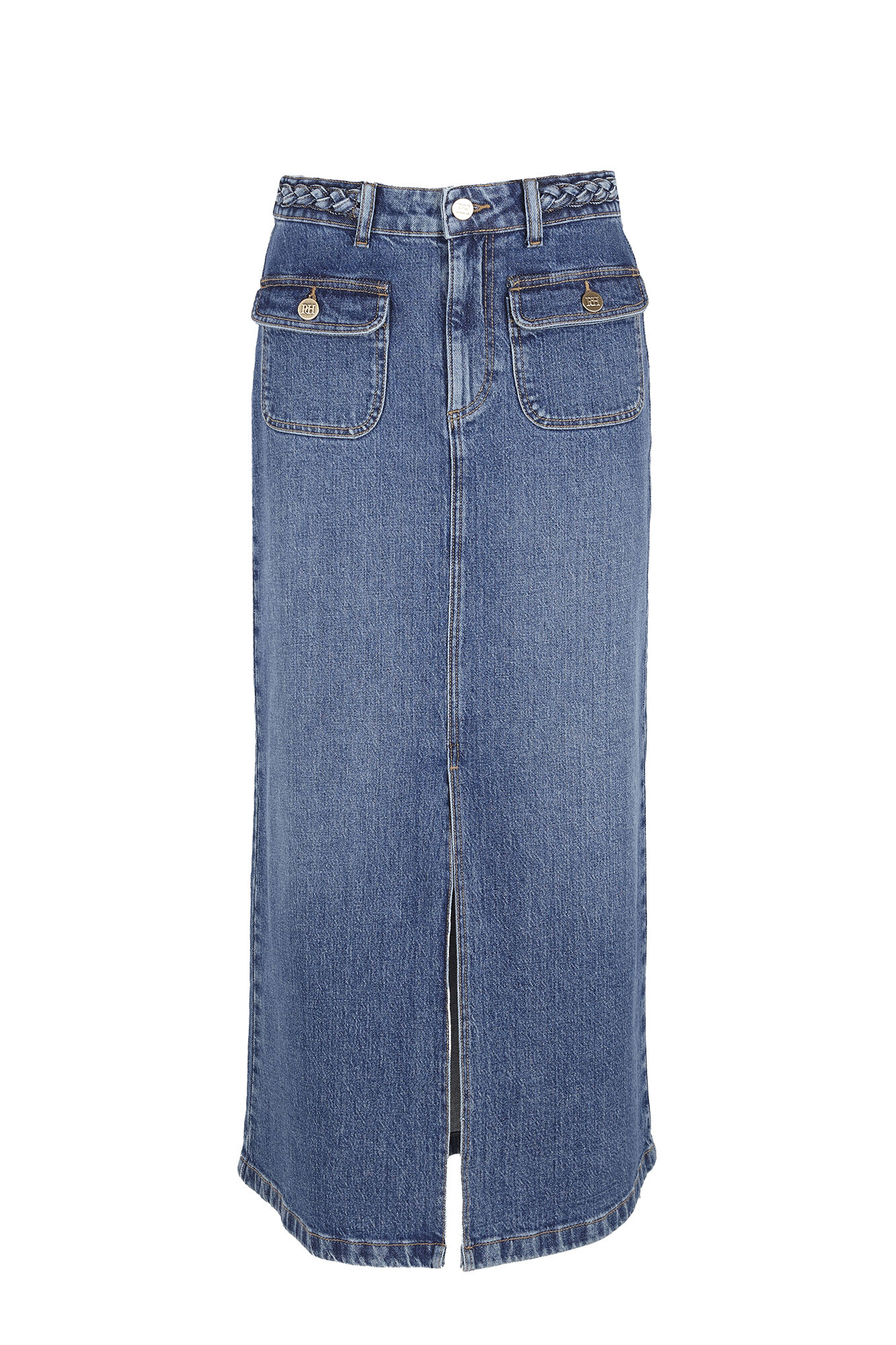 Pedro del Hierro Denim straight skirt with braided detail