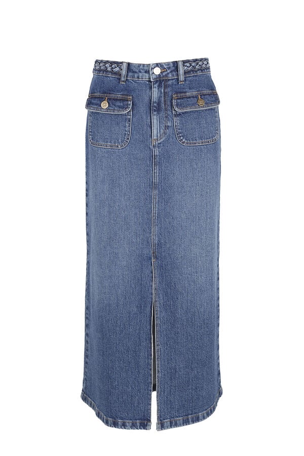 Pedro del Hierro Denim straight skirt with braided detail Blue