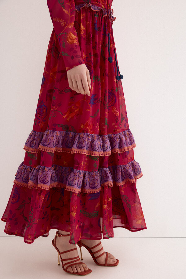 TFP by Tamara Falc&oacute; Vestido comprido estampado floral Vermelho