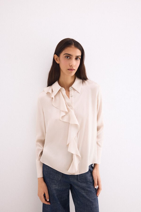 Pedro del Hierro Satin ruffle shirt Beige
