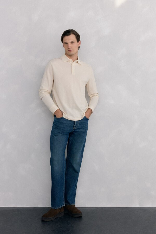 Pedro del Hierro Basic long sleeve polo shirt Ecru