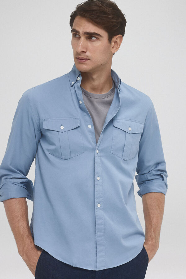 Pedro del Hierro Camisa lisa de gabardina com dois bolsos Azul
