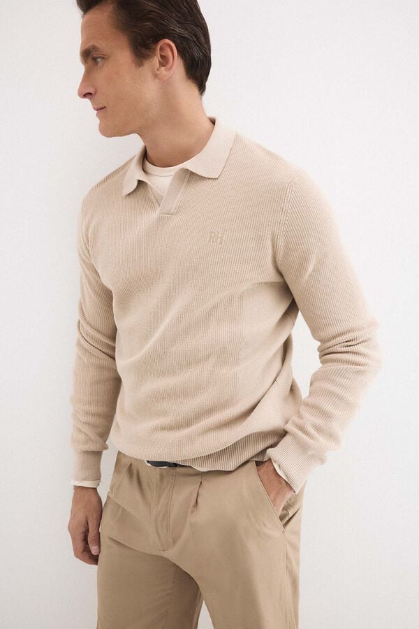 Pedro del Hierro Cotton ribbed long sleeve polo jumper Beige