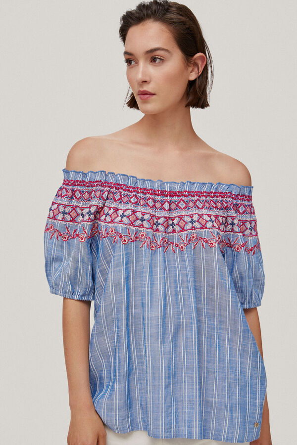 Pedro del Hierro Blusa off shoulders bordados Azul