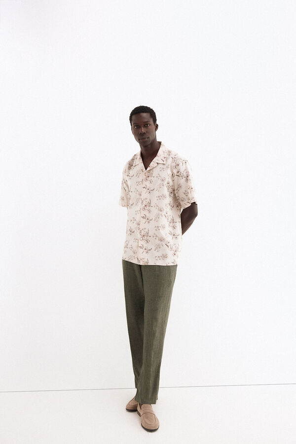 Pedro del Hierro Printed short sleeve linen cotton shirt Beige