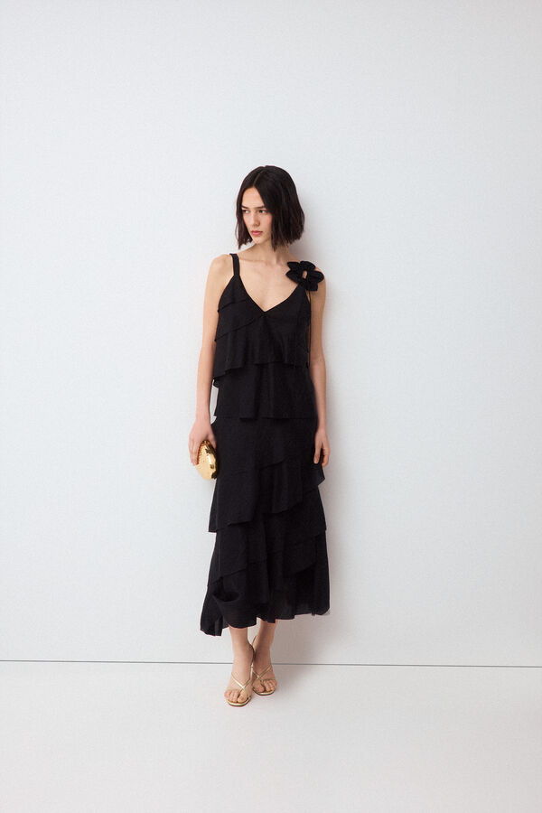 Pedro del Hierro Vestido flor volantes Negro