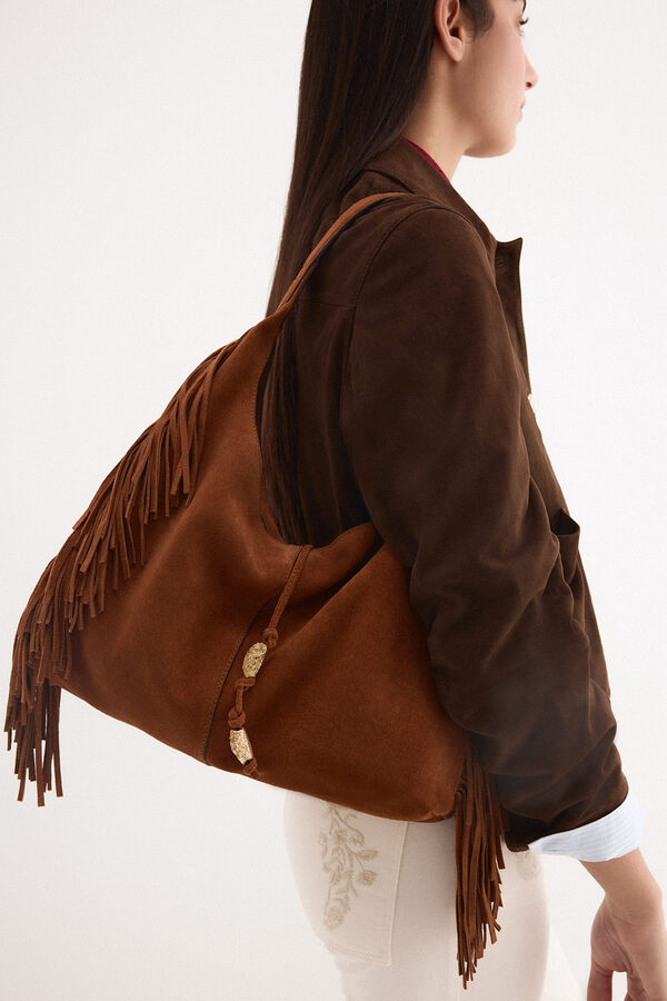 Pedro del Hierro Bolso hombro flecos Marr&oacute;n