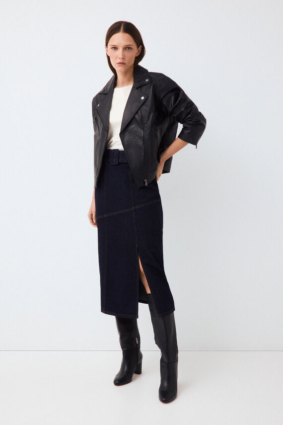 Falda denim recta detalle cortes