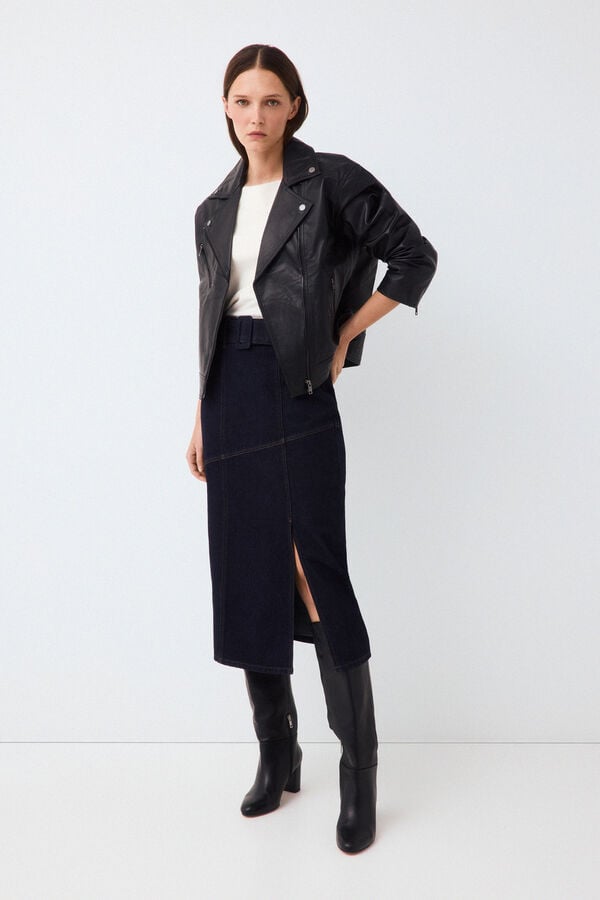 Pedro del Hierro Denim straight skirt with V-shaped cuts Blue