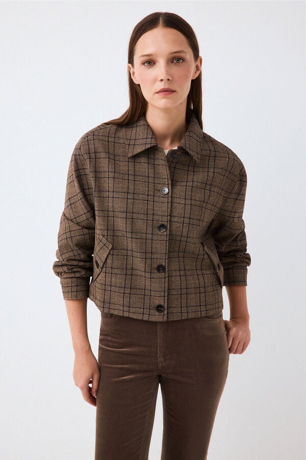 Pedro del Hierro Harris plaid bomber Brown