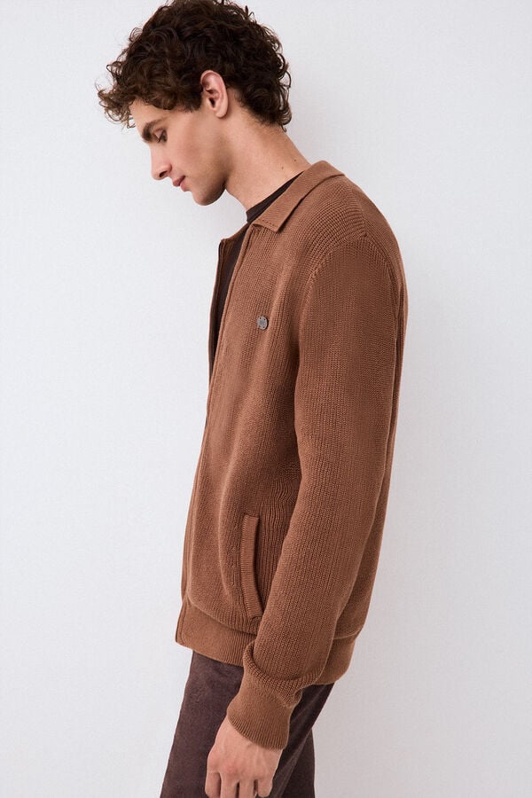 Pedro del Hierro Polo neck knit structure cardigan with zip fastening Brown