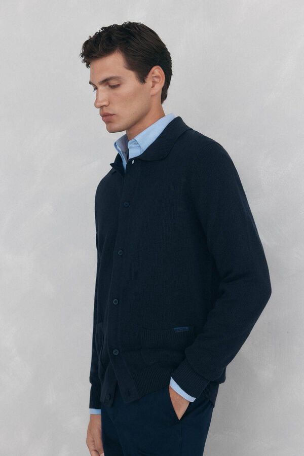Pedro del Hierro Cotton jersey-knit cardigan polo shirt neck buttons Blue