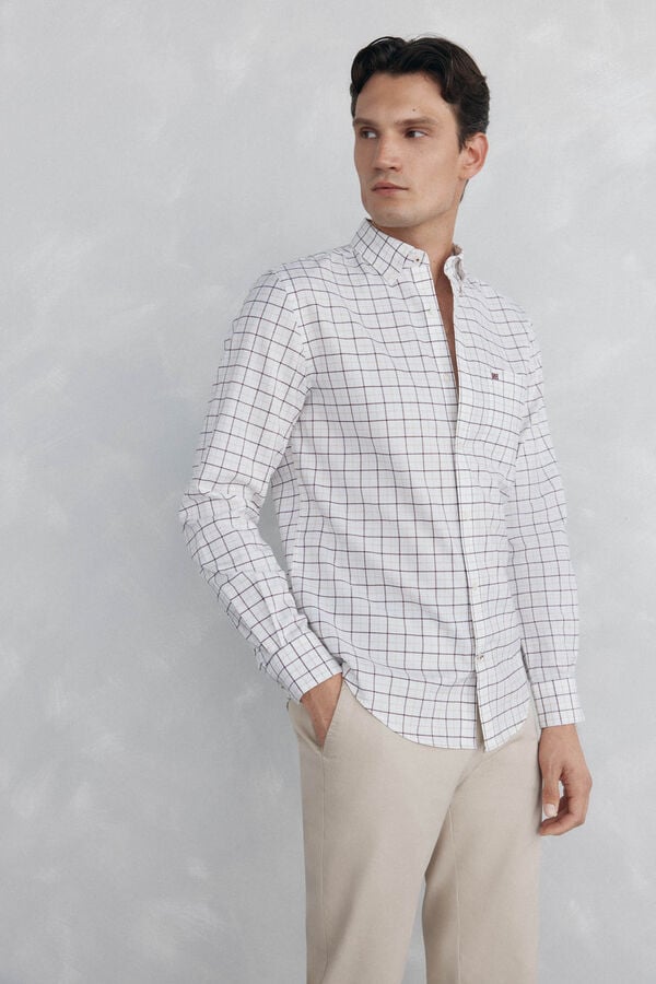 Pedro del Hierro Checked non-iron Oxford shirt Burgundy
