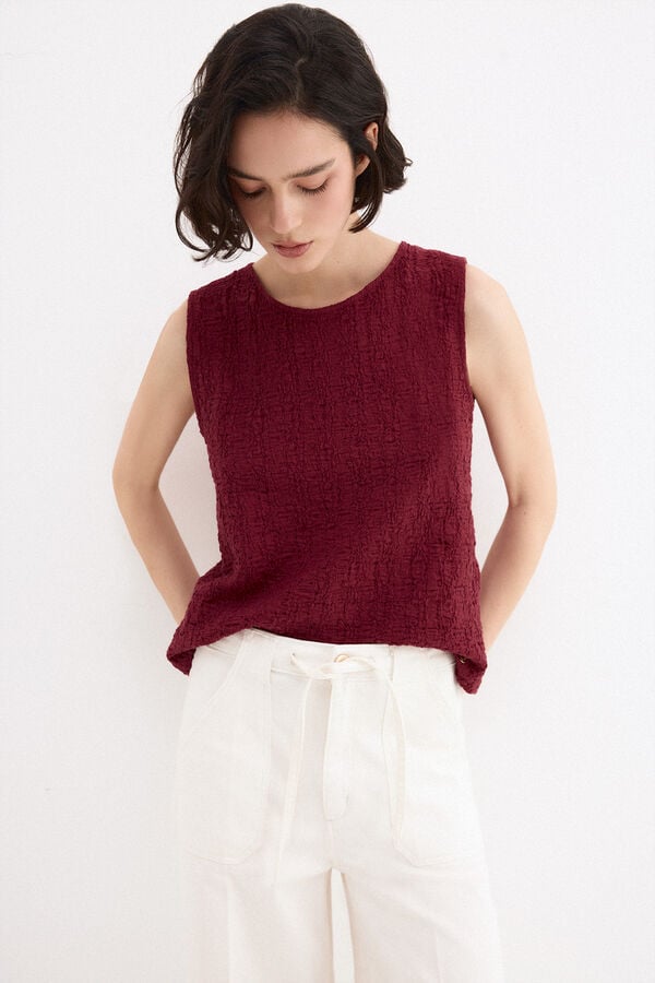 Pedro del Hierro Top sem mangas em tecido enrugado Bordeaux